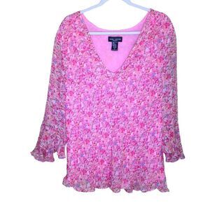 Anne Carson Long Sleeve Floral Blouse Top Pink 3X